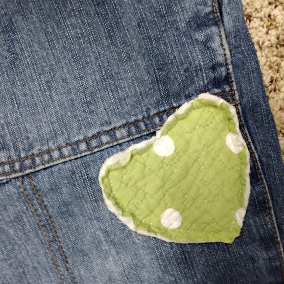 3917 Size Large Up Cycled Denim Overall Shorts with Green Appliqué - Picture 3 of 7